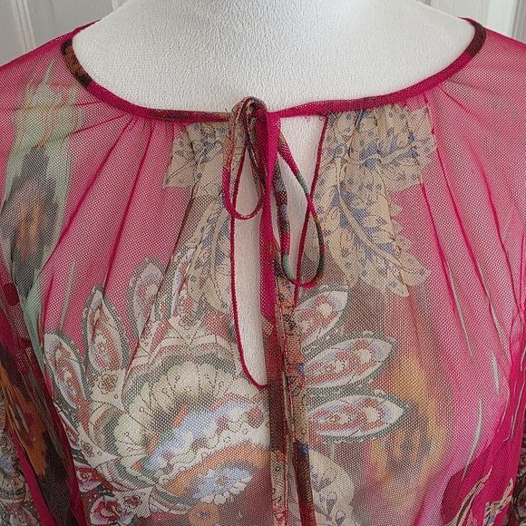 Johnny Was Biya Feather Lark Mesh Blouse Pink Floral Paisley Size L - Picture 4 of 13